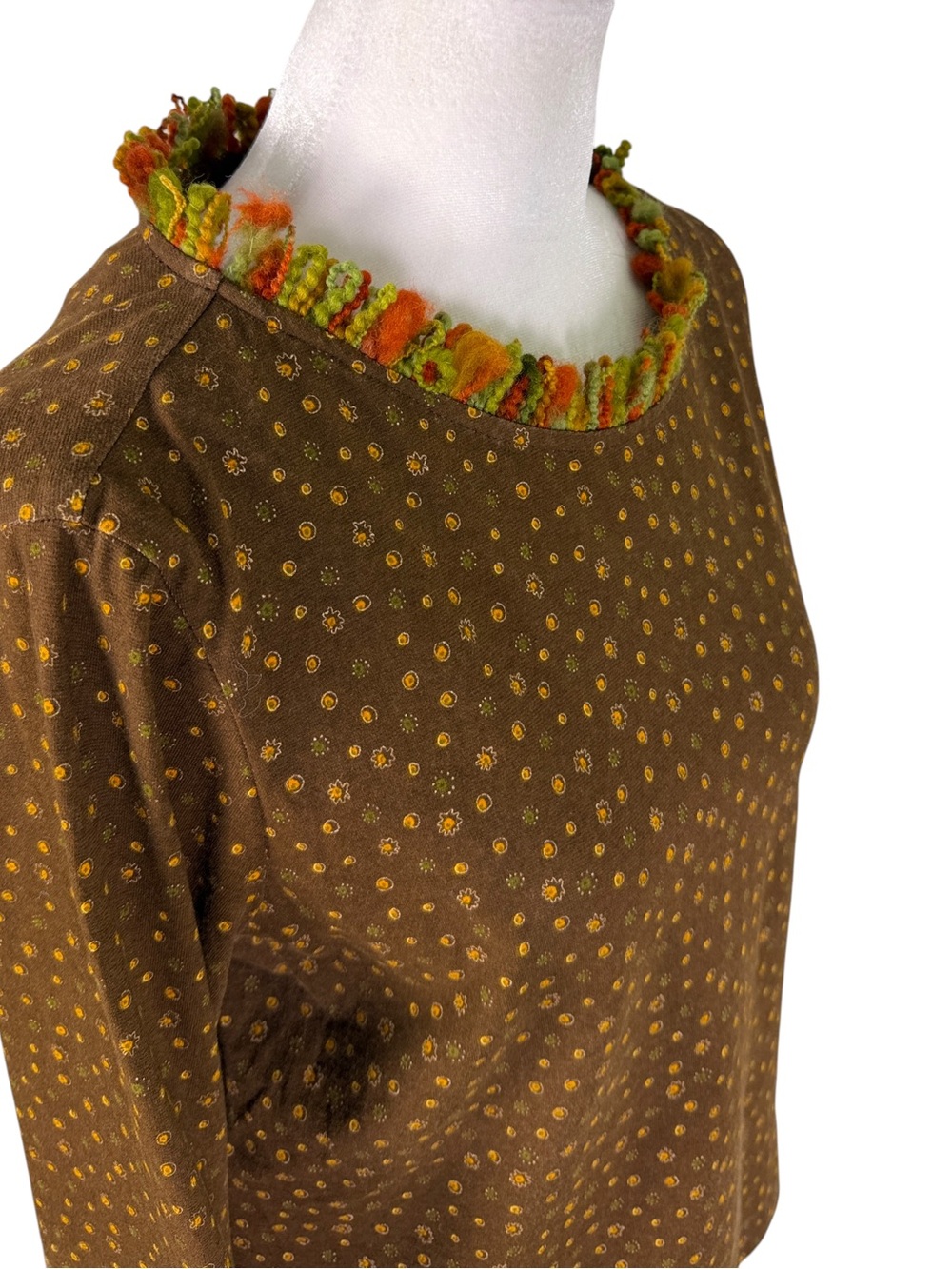 F.L. Malik Boho Mixed Print Fringe Trim Top Brown Orange Green M - Picture 3 of 10